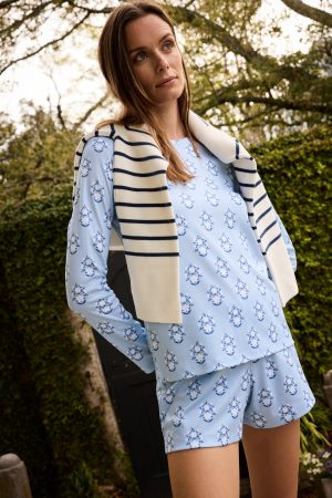 11 Pima Cotton Crew Neck Long Sleeve Top & Short Set in French Blue Cottage Floral Print