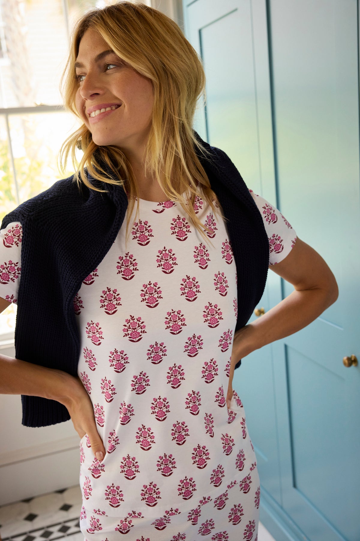 11 Brand Pima Cotton Crew Neck Short-Long Set in Cabernet Cottage Floral Print