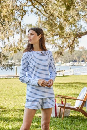 11 Pima Crew Long-Short Set in Baltic Blue - Soft Organic Cotton Sleepwear