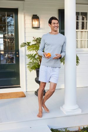 11 Men's Pima Cotton Sleep Shorts – Anchor Blue Bar Stripe Lounge Shorts for Men