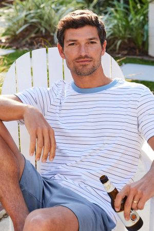 11 Men's Pima Cotton Sleep Shorts Set in Marlin Blue Nautical Stripe | Soft Breathable Loungewear for Men