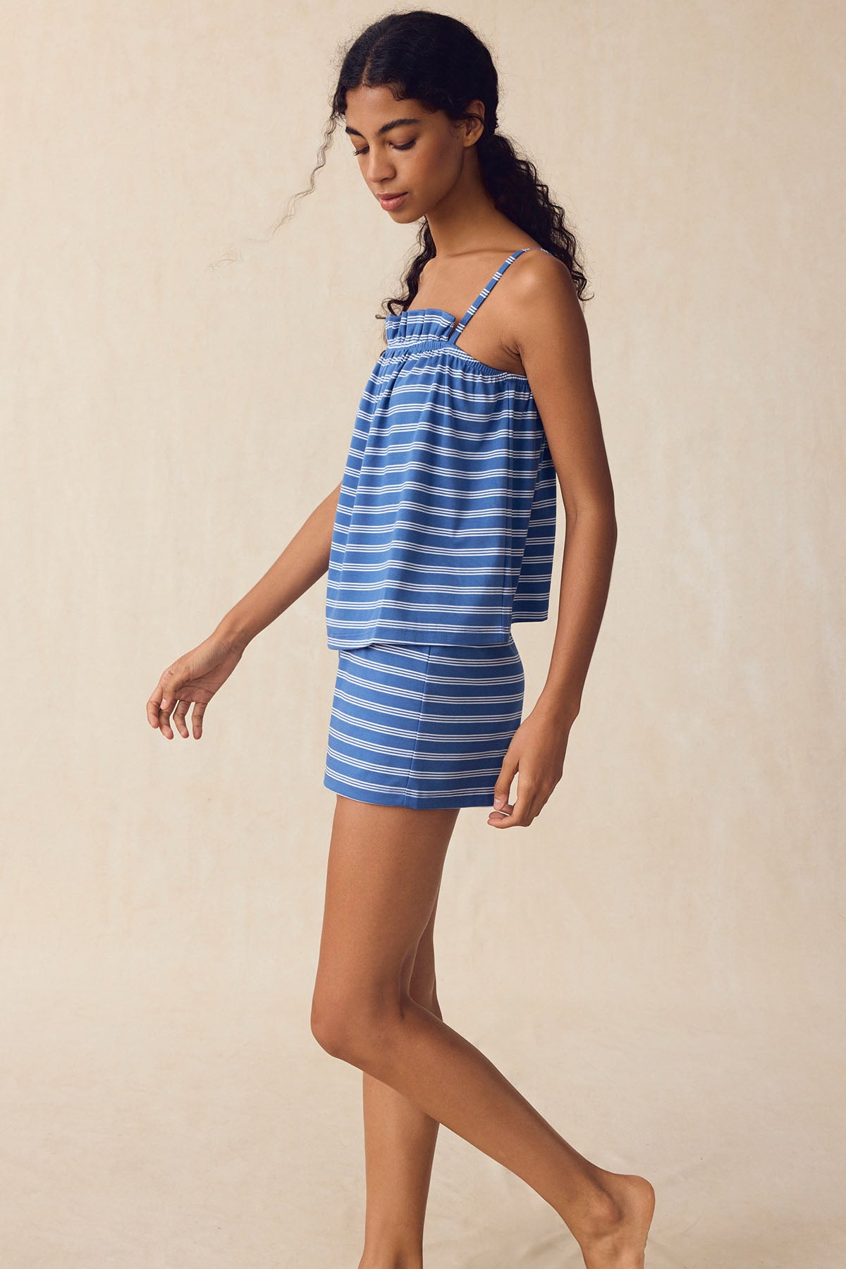 11 Brand Pima Cotton Ruffle Shorts Set in Seaport Triple Stripe