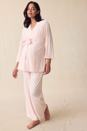 11 Maternity DreamModal™ Kimono 3-Piece Set - Soft Pajama Set in English Rose Pencil Stripe