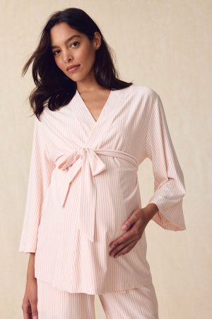 11 Maternity DreamModal™ Kimono 3-Piece Set - Soft Pajama Set in English Rose Pencil Stripe