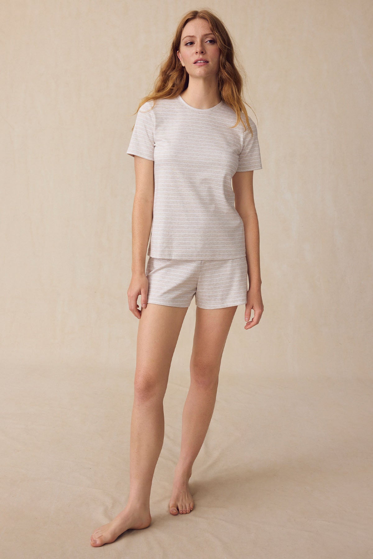 11 Brand Pima Cotton Crew Shorts Set in Oat Heather Rowing Stripe | Soft Lounge Wear