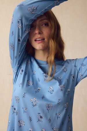 11 Pima Cotton Crew Neck Long Sleeve Top & Short Set in Serene Blue with Adeline Floral Print