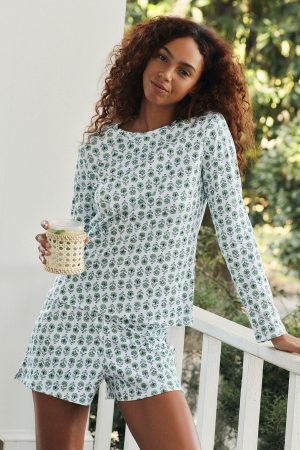 11 Pima Cotton Crew Neck Long Sleeve Top & Short Set in Field Green Sprig