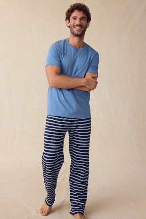 11 Men's Pima Cotton Sleep Short Set with Long Sleeve Top – Eclipse Stripe Pattern