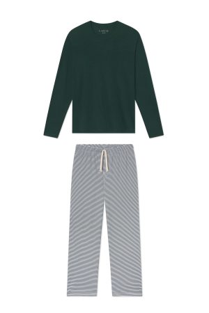 11 Men's Pima Cotton Sleep Set – Long Sleeve Top & Pants in Conifer Bar Stripe