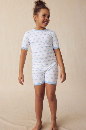11 Kids Shorts Set - French Blue Heart Print Summer Outfit for Boys & Girls