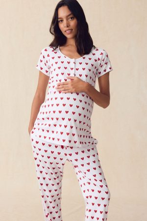 11 Brand Pima Maternity Short-Long Set in Classic Red Heart - Soft Comfortable Pregnancy Sleepwear