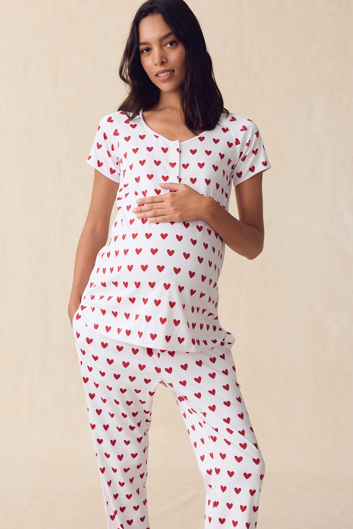 11 Brand Pima Maternity Short-Long Set in Classic Red Heart - Soft Comfortable Pregnancy Sleepwear