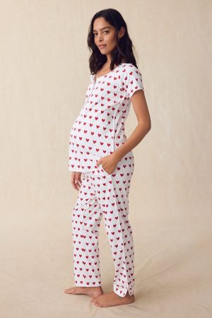 11 Brand Pima Maternity Short-Long Set in Classic Red Heart - Soft Comfortable Pregnancy Sleepwear