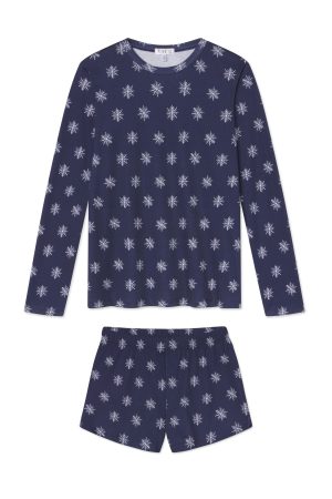 11 Pima Cotton Crew Neck Long Sleeve Top & Short Set in English Navy with Snowflake Print