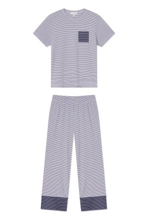 11 Pima Cotton Wide Leg Pajama Set – English Navy Stripe Crew Neck Matching Sleepwear