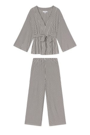DreamModal™ Black Kimono Pajama Set – Soft Modal Blend Matching Lounge Set with Pencil Stripe Design