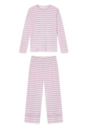 11 Brand Pima Cotton Long Sleeve Pajama Set - Wide Leg Sleepwear in Light Camellia Triple Stripe