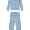 11 Pima Cotton Long Sleeve Crew Neck Pajama Set - Serene Blue Anchor Stripe Wide Leg Matching Set