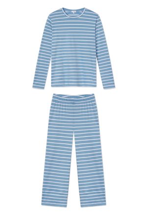 11 Pima Cotton Long Sleeve Crew Neck Pajama Set - Serene Blue Anchor Stripe Wide Leg Matching Set